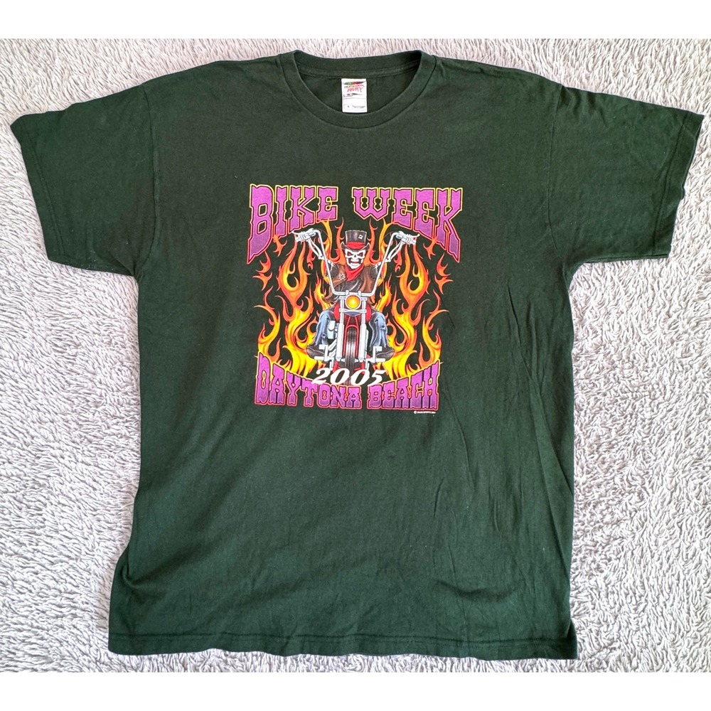 Fruit of the Loom 2005 Daytona Beach Bike Week T-Shirt Green XL Skeleton Graphic